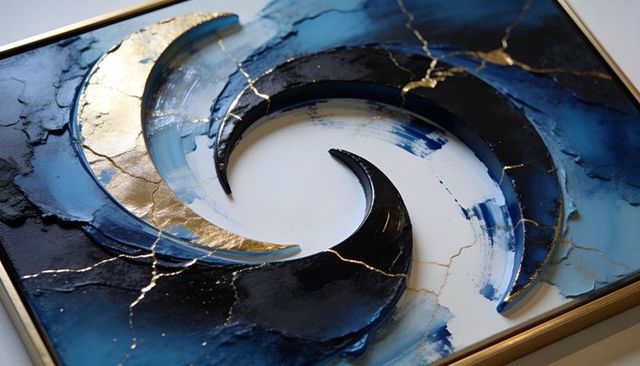 Layered resin crescent abstract with gold veins in navy and teal