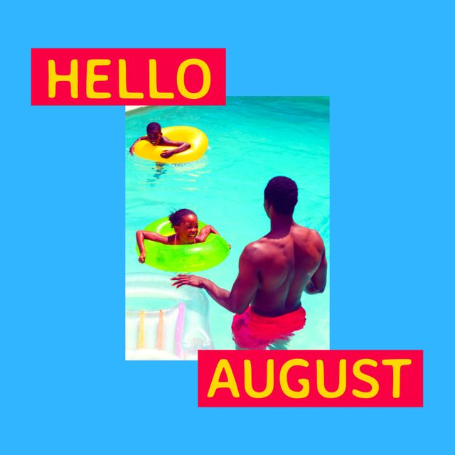 Perfect for celebrating August and summer vibes with African American family enjoying leisure time in swimming pool. Great for blogging, social media posts, advertisements for family-oriented brands, travel agencies, summer camps, and swimwear promotions.