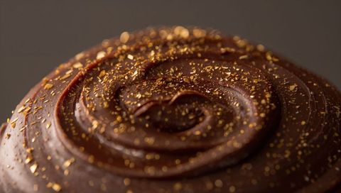 Glossy chocolate swirl ganache sparkling with edible gold flakes on decadent cake