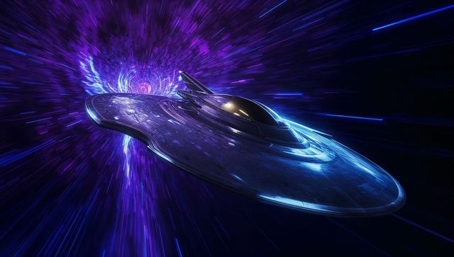 Futuristic spaceship entering vibrant wormhole in deep space