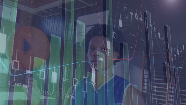 A young African American basketball player training in a gym with overlaid financial data and stock market charts on the video. This fusion signifies the intersection between sports and technology, emphasizing data analysis, performance tracking, and the quantitative aspect of athletic preparation. Ideal for use in articles related to sports technology, athletics coaching, and the business side of sports.