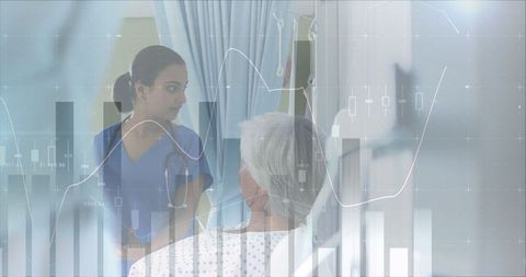 Nurse Interacting with Nurse Amidst Data Graphics and Technology Overlay