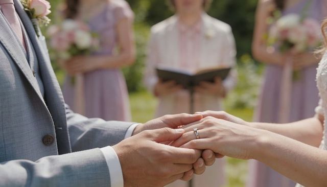 Exchanging wedding rings in sunlit garden ceremony with lace sleeve and bridesmaids