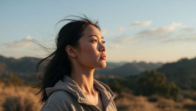 Young woman gazing toward sunset on windy hillside during golden hour contemplative portrait