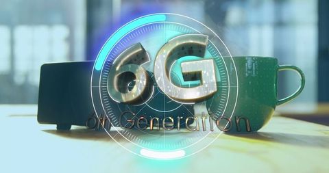 6G Communication Concept with VR Headset and Data Graphics