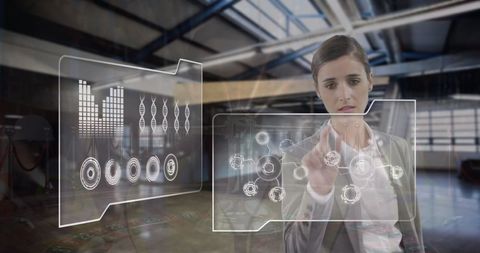 Businesswoman Interacting with Financial Data Interface in Modern Office