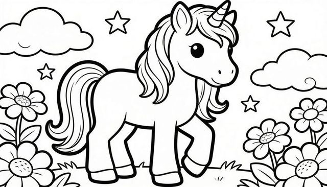 Cute unicorn standing on meadow lifting front hoof lineart coloring page