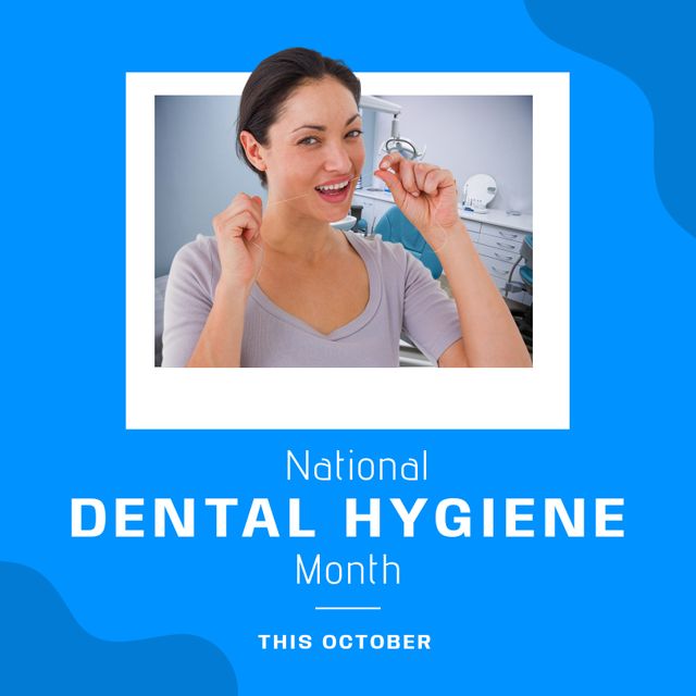 National Dental Hygiene Month This October Text Over Biracial Woman Flossing Teeth In Clinic 