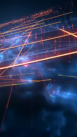 Tilting Neon Grid Over Nebula With Pulsing Red Pillars, Blue Orb — Futuristic Vertical Clip