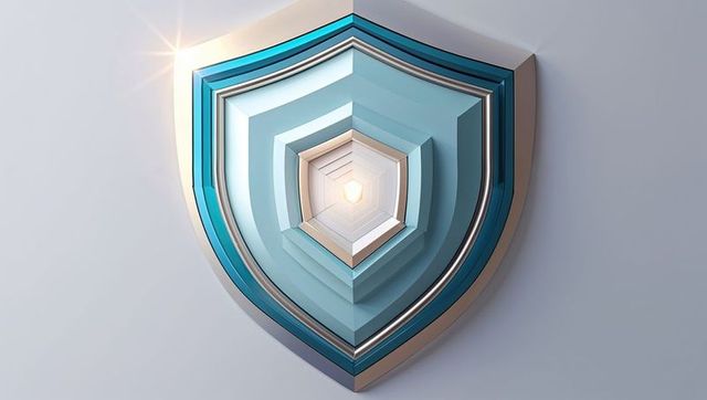 3D Metallic Pentagon Shield with Central Glow and Lens Flare
