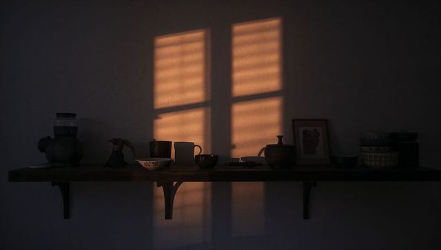 Sunlit Shelf Casting Window Blind Shadows over Ceramic Teapots and Bowls, Golden Minimalist