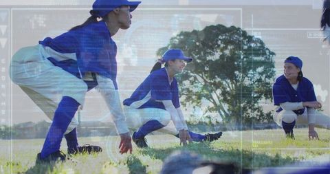 Diverse Female Rugby Players with Digital Interface Overlay