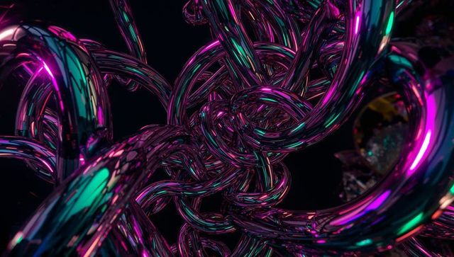 Abstract digital art of reflective twisting tubes with neon glow