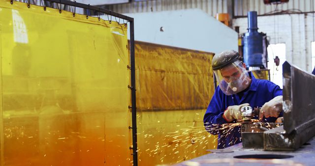 Metalworker Wearing Safety Gear Cutting Metal Sparks Flying - Download Free Stock Images Pikwizard.com