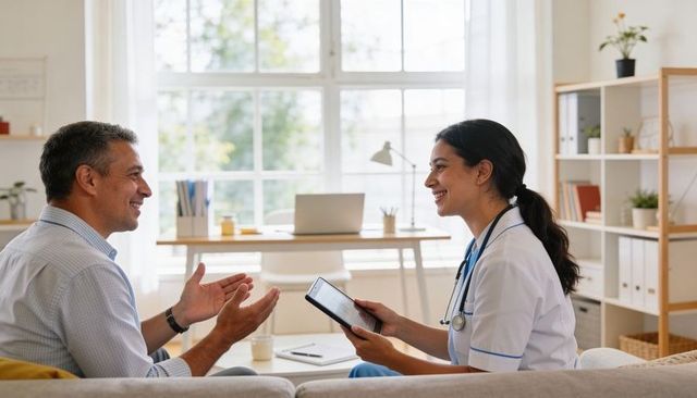 Home nurse consulting patient using tablet and stethoscope, smiling conversation in living room