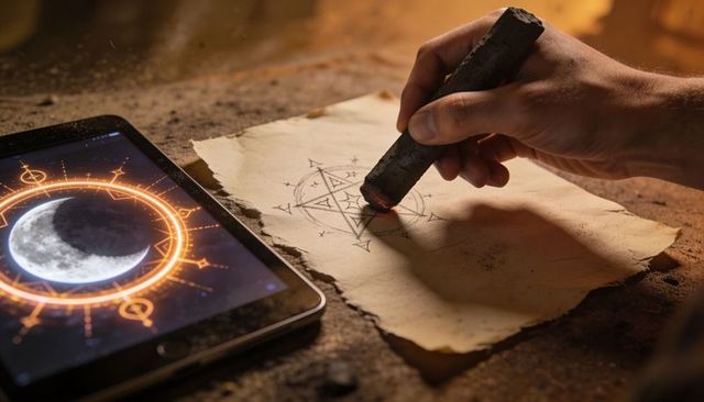 Right hand sketching occult sigil with burning charcoal beside glowing moon tablet