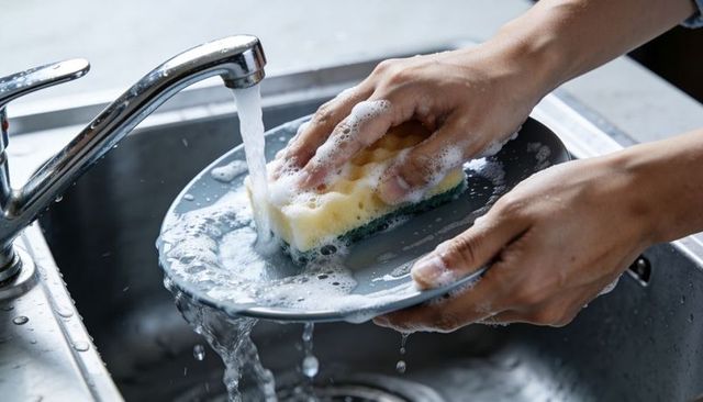 Washing ceramic plate with yellow sponge under running kitchen tap, closeup hands