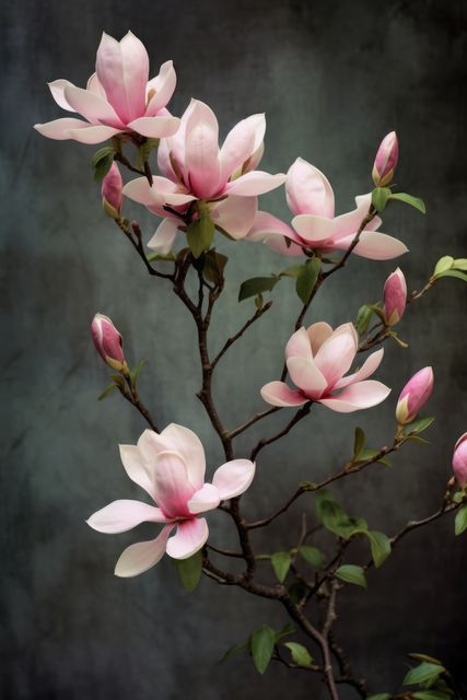 High-quality stock photo features a magnolia branch with pink flowers in bloom against a dark background. Suitable for use in nature-themed projects, floral designs, spring promotions, and home decor products.
