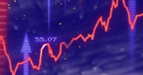 Neon Red Market Line Chart Fluctuating on Digital Dashboard with Blue Arrow 55.07