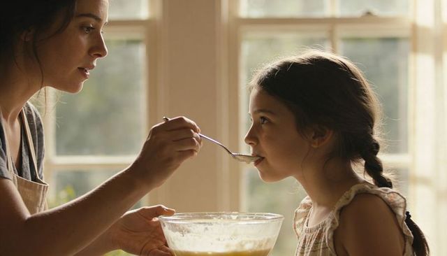 Woman feeding daughter spoonful of batter while baking in sunlit kitchen, family bonding