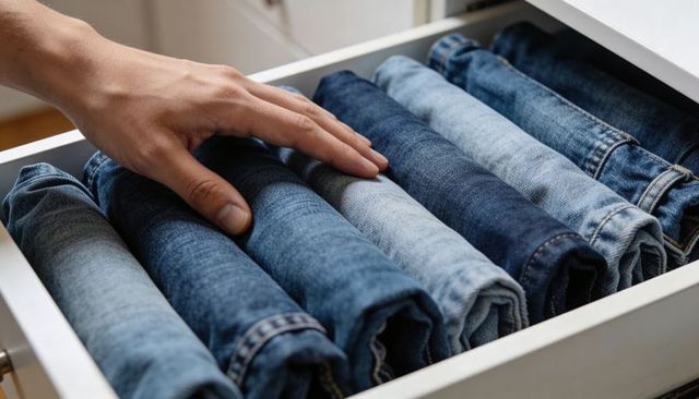 Organizing rolled denim jeans in drawer with hand touching fabric for tidy wardrobe storage