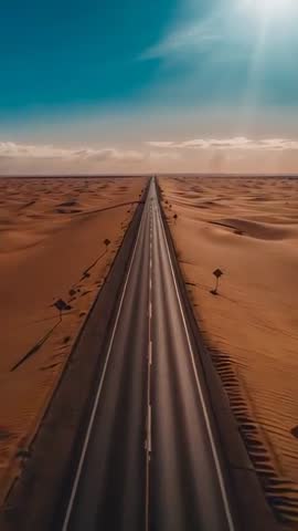 Drone filming endless highway stretching through desert dunes toward distant horizon