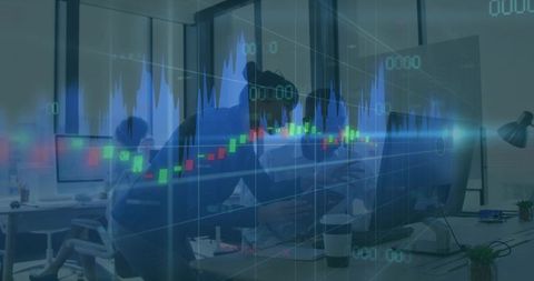 Female Analyst Leaning Over Monitor Reviewing Market Data with Financial Charts Overlay