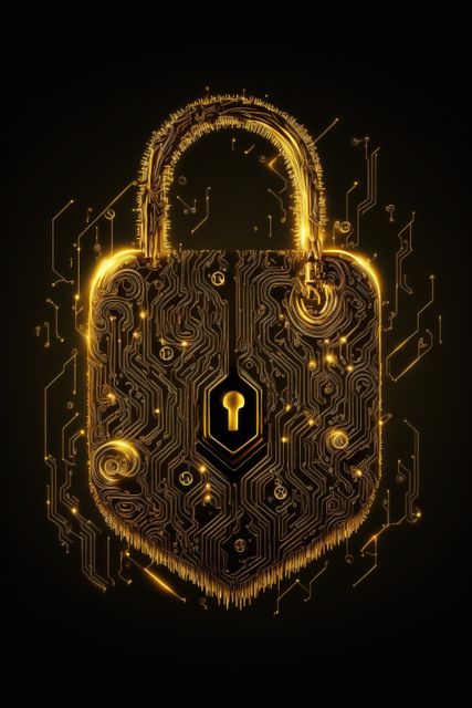 Glowing digital padlock with intricate circuit board design symbolizing cybersecurity and data protection. Ideal for decor in tech offices, IT security materials, educational resources on internet safety, and articles about network security and encryption.