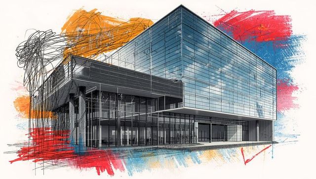 Cantilever glass office with glazed lobby and columns — painterly architectural rendering