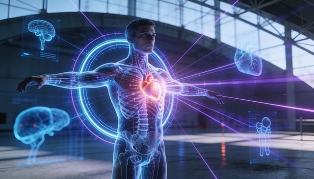 Futuristic holographic male anatomy showcasing glowing heart, neural hud, medical data