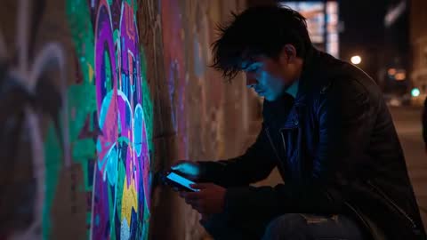 Crouching man documenting neon graffiti with smartphone at night, cinematic blue glow