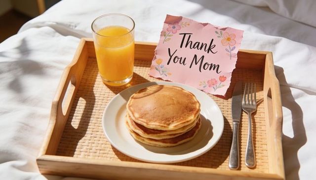 Sunlit mother's day breakfast tray serving pancakes, orange juice and thank you card