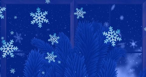 Wintry Christmas Tree Branches with Snowflakes Falling