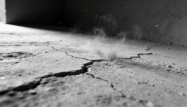 Cracked concrete floor emitting dust plume and scattering debris in low light