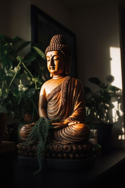 Golden Buddha statue sitting peacefully among lush green plants in a home setting with soft sunlight. Ideal for depicting themes of spirituality, meditation, tranquility, and peaceful interiors. Suitable for use in blogs, wellness promotions, interior design websites, and spiritual content.