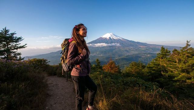 Hiking backpacker enjoying sunrise view of snow-capped mountain on alpine trail