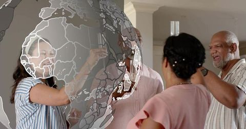 Multigenerational family raising glasses and toasting at home with translucent globe overlay