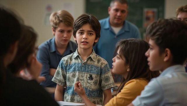 Elementary student standing and speaking to classmates during classroom group discussion
