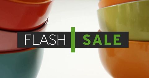 Flash sale banner displaying colorful stacked ceramic bowls on white background