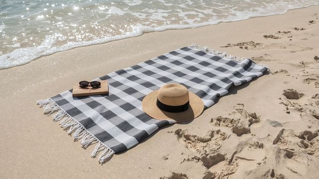 Minimalist beach scene with checkered blanket and accessories