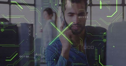 Businessman Engaged in Futuristic Tech Communication at Office