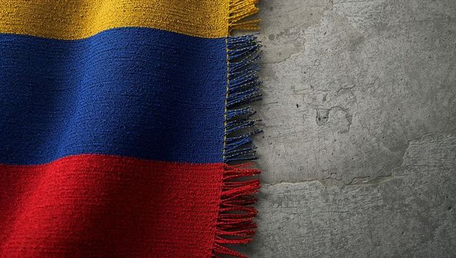 Draping tricolor woven textile with fringed tassels on cracked concrete surface