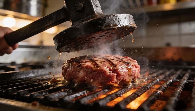Cast-iron burger press searing thick beef patty over open flame with juices dripping