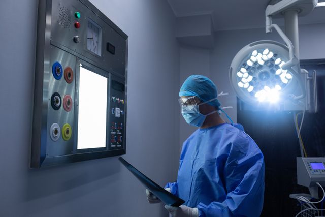 Male surgeon looking at x- ray report while standing in operation theater of hospital