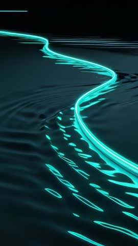 Neon Cyan Light Trail Tracing Dark Surface Creating Rippling Waves Vertical Loop