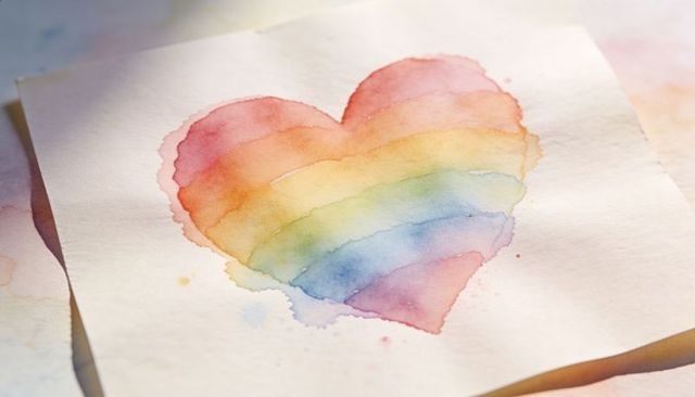 Watercolor rainbow heart on handmade paper with sunlit texture and soft pigment bleeds