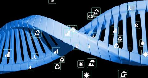 Blue DNA helix visualizing sustainability data, recycling, CO2 reduction and clean energy