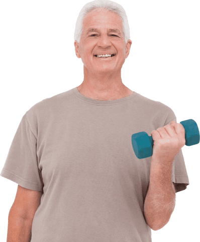 Senior man lifting hand weights with transparent background