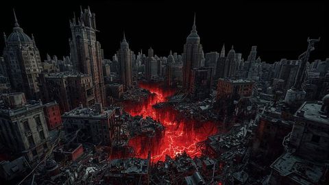 Dystopian Ruined Cityscape with Red Molten Core