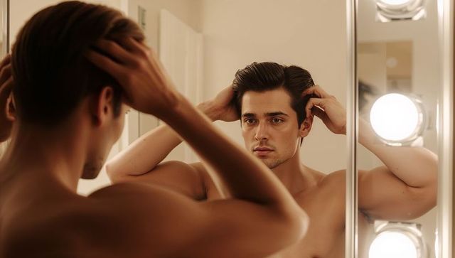 Shirtless man styling dark hair at bathroom vanity with illuminated mirror bulbs